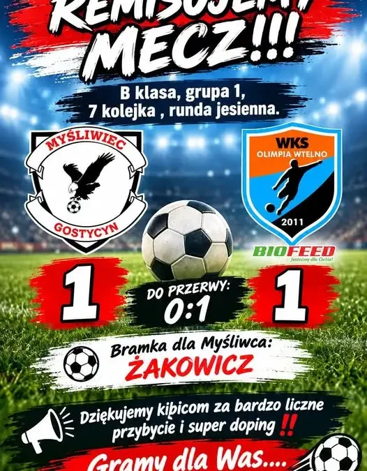 Remis GKS Myśliwiec Gostycyn z Olimpią Wtelno w 7. kolejce B klasy